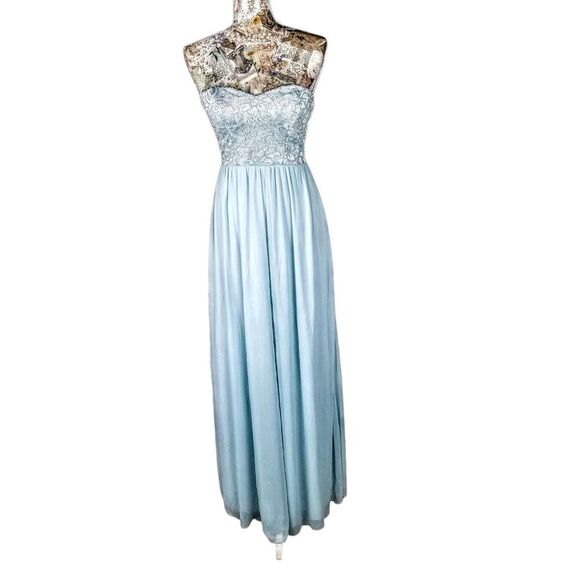 Formal Strapless Lace Sparkle Sequin Baby Blue Long Chiffon Gown Maxi Dress NEW! - Picture 13 of 13